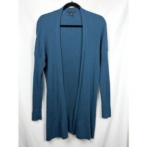 Eileen Fisher Italian Cashmere Blue Ribbed Long Sleeve Open Front Cardigan Med.